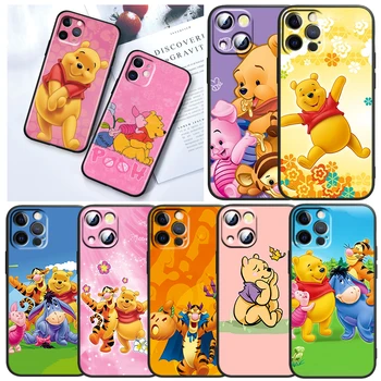 Sevimli Winnie the Pooh Apple iPhone 13 12 Mini 11 XS Pro Max X XR 8 7 6 Artı SE 2020 5 Çapa Siyah Yumuşak TPU telefon kılıfı