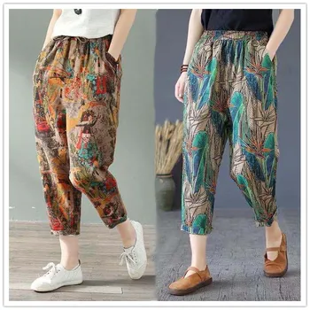 Pamuk Keten Harem Kadın Pantolon 2021 Yaz Moda Graffi Baskılı Rahat Yüksek Bel Buzağı Uzunlukta Gevşek Pantolon Kadın Streetwear