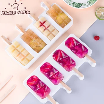 Silikon Dondurma Kalıpları 4 Hücre Buz Küpü Tepsi Gıda Güvenli buzlu şeker Makinesi DIY Ev Yapımı Dondurucu Buz Lolly Kalıp Ev Dondurma Araçları