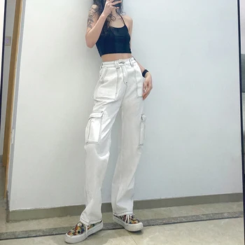 Cepler Patchwork Baggy Kot Moda Streetwear %100 % Pamuk Kadın Kot Pantolon Gevşek Kargo Pantolon kore kotu Harajuku