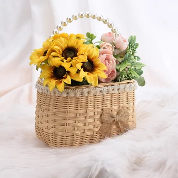 Rattan Kahverengi Düğün Dekoratif Çiçek Sepeti Taşınabilir El Dokuma İnciler Saklama Kabı Piknik Parti Ev