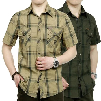 Marka Ordu Askeri Gömlek Erkekler 2020 Yaz %100 % Pamuklu Ekose kısa kollu erkek gömlek Gömlek Artı Boyutu 4XL 5XL Camisa masculina