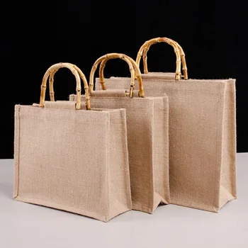 Moda basit Retro su geçirmez bambu kullanışlı Jüt Tote çanta hediye çantası