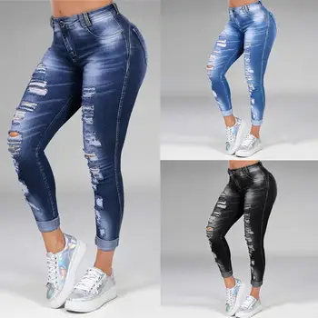 artı boyutu 5XL Kadınlar Yırtık Yüksek Bel Pantolon Skinny Denim Kot İçi Boş Ağartılmış uzun pantolon İçi Boş Ağartılmış kalem pantolon 2020