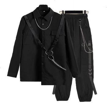 Sonbahar Bahar Unisex 2 Parça Takım Elbise Streetwear Harajuku Uzun kollu Zincir Bluz + Kargo pantolon Yakışıklı Hip Hop İki Parçalı Set