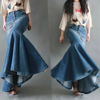Denim Etekler Kadın İlkbahar Sonbahar Vintage İnce Streç Fishtail Mavi Kat uzunlukta Maxi Etek Femme