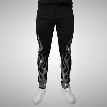 2021 erkek Sıkı Siyah Kot Sıska Slim Fit Sıcak Matkap Punk Streetwear Biker Pantolon Adam Taklidi Delik Denim kalem pantolon