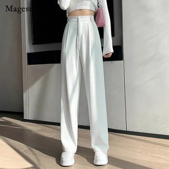 Ilkbahar Yaz Gevşek Kadın Kat Uzunlukta Beyaz Takım Elbise Pantolon Rahat Yüksek Bel Gevşek Geniş Bacak Pantolon Kadınlar Bayanlar için Pantolon 16343