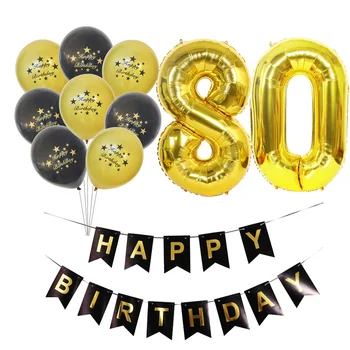 1 Takım 80th 80 Yıl Mutlu Doğum Günü Balonlar Bayrak Afiş Altın Parti Süslemeleri
