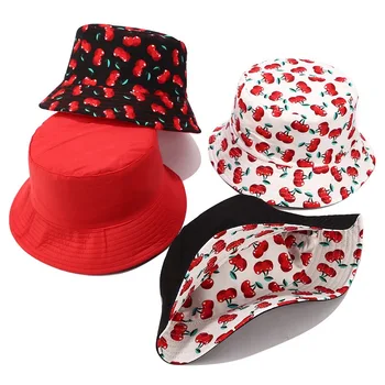 Meyve Kiraz kova Şapka Kızlar Kadınlar için İki Tarafı Geri Dönüşümlü Balıkçı Şapka Panama Bob Şapka Yaz güneş şapkası