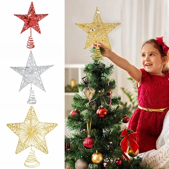 Içi boş Sparkle Yıldız Toppers Noel Ağacı Topper Altın Gümüş Kırmızı Noel Ağacı Süsleme Noel Yeni Yıl Partisi için Treetop Dekor