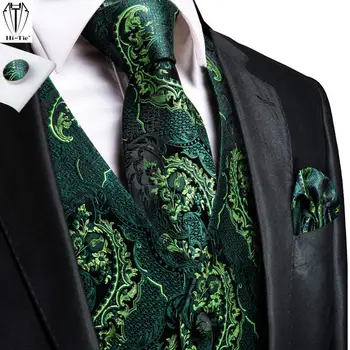 Hi-kravat İpek Erkek Takım Elbise Yelek Yeşil Çiçek 4 ADET Dokuma Yelek Kravat Cep Kare Kol Düğmeleri Seti İş düğün elbisesi Bel Ceket
