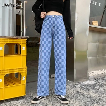 Ekose Yüksek Bel Gevşek Streetwear Kadın Kot Pantolon Kızlar İçin Rahat Düz Bacak Pantolon Uzunluğu Moda Erkek Arkadaşı Gevşek Pantolon
