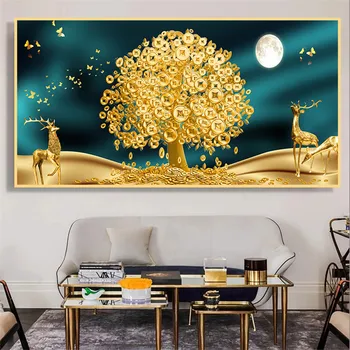 Soyut Lüks Şanslı Altın Sikke Yaprak Altın Zengin Ağaç Tuval Boyama Posterler ve Baskılar Duvar Sanatı Resimleri Ev Dekorasyonu Yok çerçeve