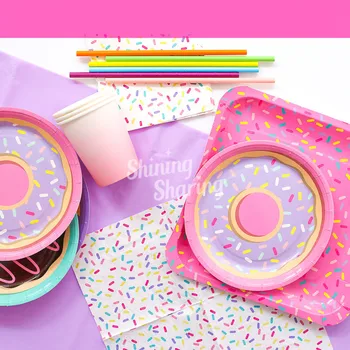 Pembe Mor Donuts Parti Tek Kullanımlık Candyland Plaka Saman Çörek Balon Doğum Günü Dekorasyon Kız Bebek Duş Parti Malzemeleri