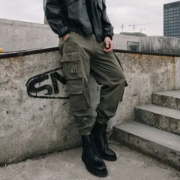 Streetwear Kargo pantolon Erkekler Motosiklet Ordu Yeşil Askeri Tarzı Pantolon Harajuku Moda Çok Fonksiyonlu Cep Erkek Giyim