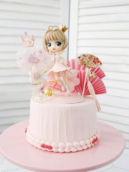 Karikatür Güzel Kız Pembe Prenses CakeTopper Taç Fan Yay Çiçek Mutlu Doğum Günü Düğün Parti Cupcake Tatlı Dekor Malzemeleri