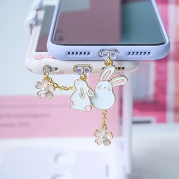 Sevimli Toz Fiş Charm Kawaii Beyaz Tavşan Şarj Portu Fiş iPhone Telefon İçin Anti Toz Kapağı 3.5 MM Jack Toz Koruma Stoper