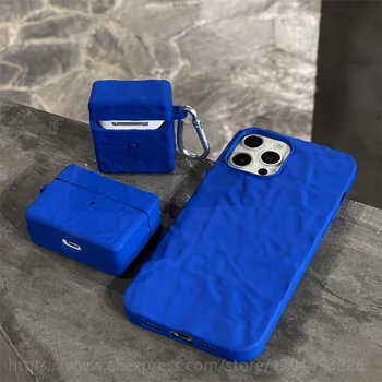 Serin Mat Kırışık Klein Mavi Takım Elbise telefon kılıfı AirPods İçin Pro 3 2 1 Durumda iPhone 14 13 12 11 Pro Max XS XR 7 8 Artı Yumuşak Silikon
