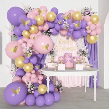 Macaron Pembe Balonlar Kemer Doğum Günü Pastel Pembe Mor Globos Altın 3D Kelebek Balon düğün çelengi Bebek Duş Deco