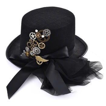 Gotik Victorian Retro Siyah silindir şapka Erkekler için/Kadın Dişliler Kanat Anahtar Şapka Peçe İle Sivri İlmek Steampunk Şapka Aksesuarları