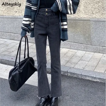 Yüksek Bel Flare Kot Kadın Ayak Bileği uzunlukta Denim Pantolon İnce Harajuku Retro Bahar Kore Tarzı Kürk hattı Streetwear Sıska Şık