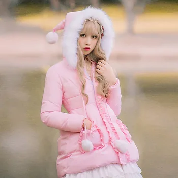 Tatlı kadın Lolita uzun kaban Sıcak Kapşonlu Pembe Kış Parkas Ceket