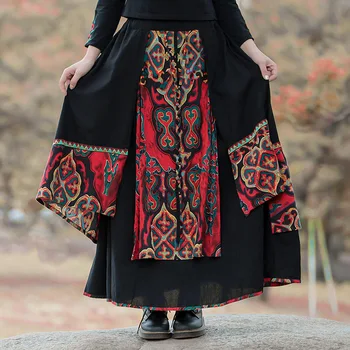 Kadınlar Yeni Vintage Siyah Uzun Etek Asimetrik Patchwork Giyim Çin Tarzı Ulusal Harajuku Rahat Gevşek 2022 Faldas