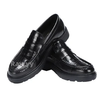 Iş Elbise Ayakkabı Hakiki Deri Yuvarlak Kafa Deri Slip-Up Ayakkabı erkek İnek Deri Moda Siyah Deri klasik ayakkabı