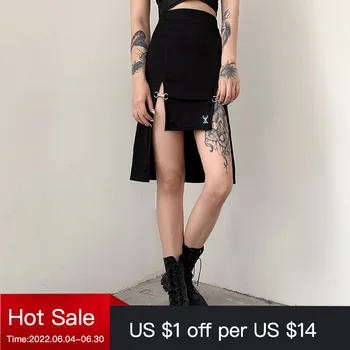 Goth Punk Tarzı Siyah Seksi Midi Etekler Gotik Yarık Hem Yüksek Bel Patchwork Kadın Grunge kalem etek Moda Streetwear