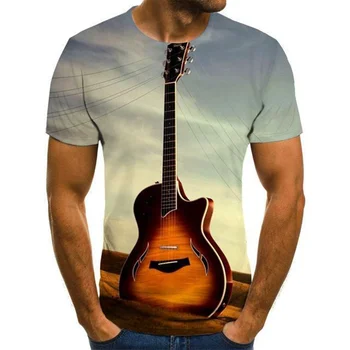 Yaz 3D Gitar Baskı T-Shirt Erkekler Sokak Moda Rahat Ekip Boyun Kısa Kollu