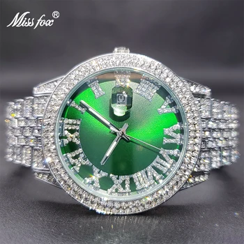 MISSFOX Marka Ünlü Kadın kuvars saatler Bling Bling Çerçeve Yeşil Kadran Elmas İzle Lüks Tasarımcı Trend Kol Saatleri Yeni
