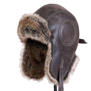 Sıcak Satış Kış HatBomber Şapka Kış Erkekler Sıcak Rus Rus Kalpağı Şapka Kulak Flap İle Pu Deri Kürk Trapper Kap Kış Kulaklığı