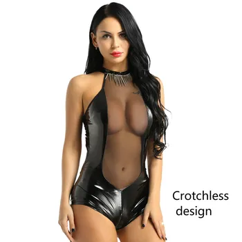 Erotik Seksi Crotchless Lateks Bodysuit Net Iç Çamaşırı Meme Açığa Şeffaf See Through Catsuit Deri Açık Kasık Elbise