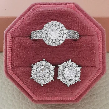 2 adet Paketi gümüş renk gelin takı seti Halo Nişan Yüzüğü yuvarlak düğme küpe Düğün Hediyesi İçin J6018