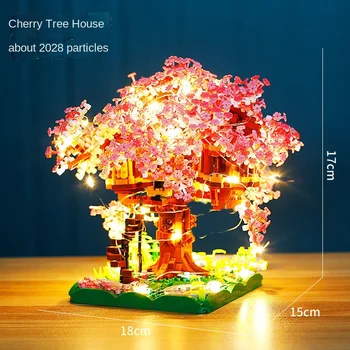 Sakura Tren Ağaç Ev Modeli Oluşturucu seti Şehir Mikro Yapı Taşı Kiraz Sokak Görünümü Tuğla Montessori MOC Noel Oyuncaklar