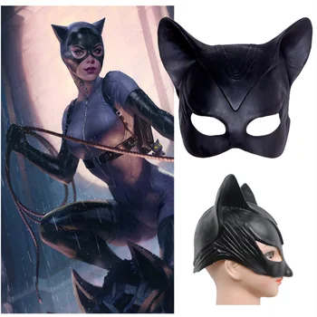 Seksi Sevimli Kız Kedi Selina Kyle Maske Bruce Wayne Cosplay Kostüm Lateks Başlık Yetişkin Cadılar Bayramı Kadın Prop