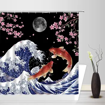Japon Dalgalar Duş Perdesi Kiraz Çiçeği Pulm Çiçek Ay Koi Balık Kanagawa Dalgalar Asya Romantik Kumaş Banyo Perdeleri