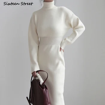 Beyaz Zarif Yün Elbise Bayanlar Sonbahar 2022 Kış Balıkçı Yaka Yüksek Bel Şık Parti Örme Elbise Kadın Vestido Güz Triko