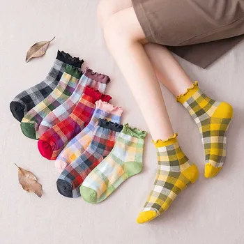Kadın Çorap Pamuk Ekose Gevşek Çorap Kısa Fırfır Çorap Vintage Sevimli Seksi Kawaii Harajuku Çorap Kadın Streetwear Soks Kadın Sox