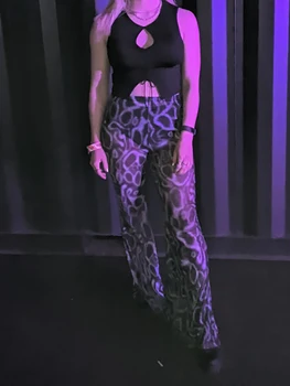 Goth Koyu Cyber Y2k Mesh See Through Kadınlar Sahte Pantolon Gotik Punk Seksi Yüksek Bel Pantolon Techwear Baskı Streetwear Giyim