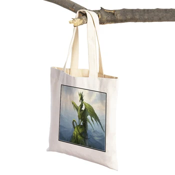 Ejderha Desen Baskı Tuval alışveriş çantaları Tote Çanta Moda Karikatür Hayvan Bayan Kız Katlanabilir Kullanımlık Alışveriş omuzdan askili çanta