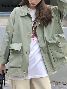 Aachoae Kore Tarzı Gevşek Kargo Ceket Kadın Streetwear Batwing Uzun Kollu Cepler Coat Vintage Sonbahar Kış günlük ceketler