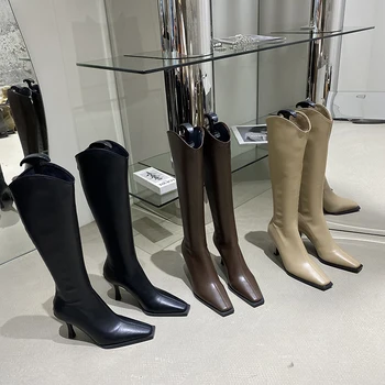 Moda Kadın Diz Yüksek Çizmeler 2022 Yeni Gelenler Geri Fermuar Kare Ayak Çorap Patik Siyah Kahverengi Bej Streç Ayakkabı Kadın 35-39