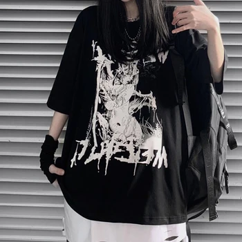 Büyük boy Kadın Tshirt Anime Goth Punk Harajuku Yaz Üst Koyu Estetik Peri Grunge Alt Artı Boyutu Kısa Kollu Elbise