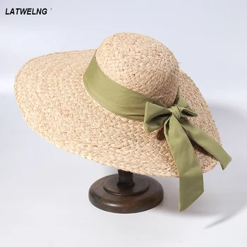 2023 Moda Kadın Geniş Ağız güneş şapkaları Yaz Rafya Pembe Yay Düğün Şapka Bayanlar Büyük plaj şapkaları Güneş Koruyucu Toptan