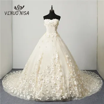 VLNUO NİSA Tatlı Şampanya Straplez düğün elbisesi 2022 Gelin artı boyutu uzun tren lüks 3D Çiçekler Noiva İnciler Çiçek Baskı