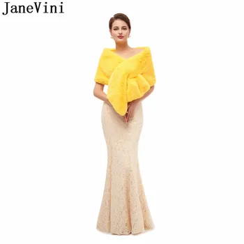 JaneVini 2020 Sarı Faux Kürk Stoles Kış sıcak Siyah Akşam Balo Elbise Sahte Kürk Gelin Şal Sarar Ceket Bolero mariage pelerin