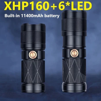 Dahili 11400 mAh süper XHP160 güçlü LED el feneri Torch şarj edilebilir taktik el feneri USB bellek ışık Cree Led fener