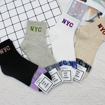 Katı Mektup Kadın Çorap Baskı Ince Kadın Çorap Ekip NYC Baskılı Pamuk Sox Kore Yumuşak Sevimli Bahar Yaz Rahat Çorap